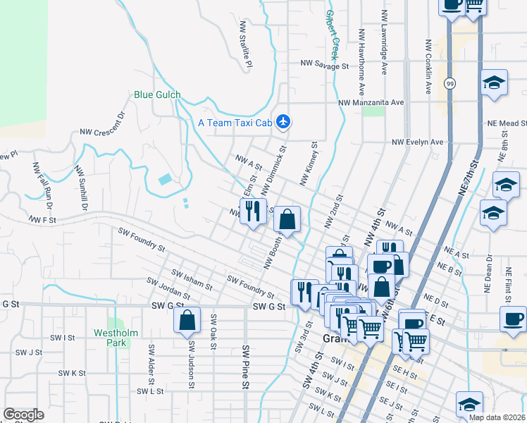 map of restaurants, bars, coffee shops, grocery stores, and more near 815 Northwest D Street in Grants Pass