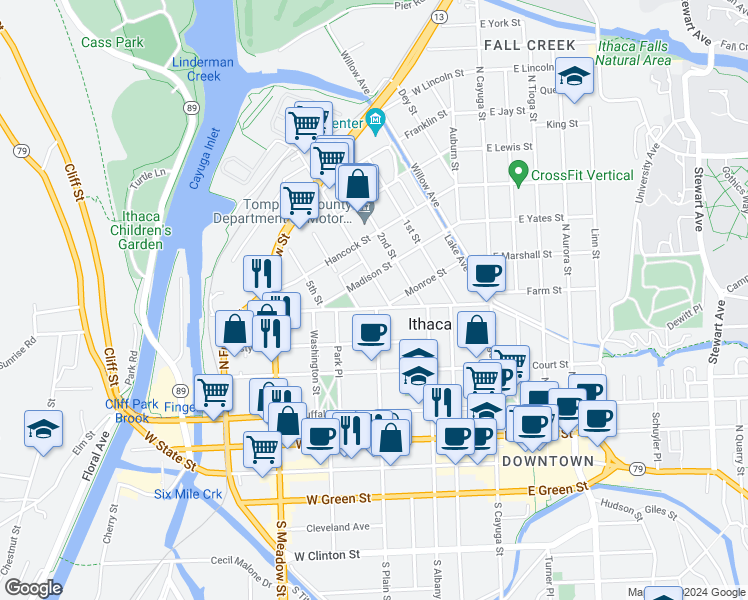 map of restaurants, bars, coffee shops, grocery stores, and more near 514 North Plain Street in Ithaca