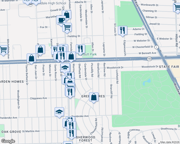 map of restaurants, bars, coffee shops, grocery stores, and more near 20410 Picadilly Road in Detroit