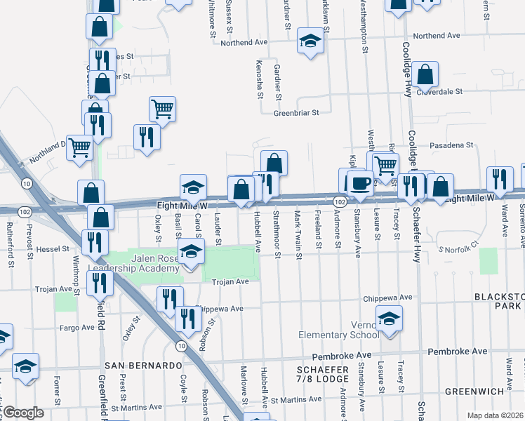 map of restaurants, bars, coffee shops, grocery stores, and more near 20481 Strathmoor Street in Detroit