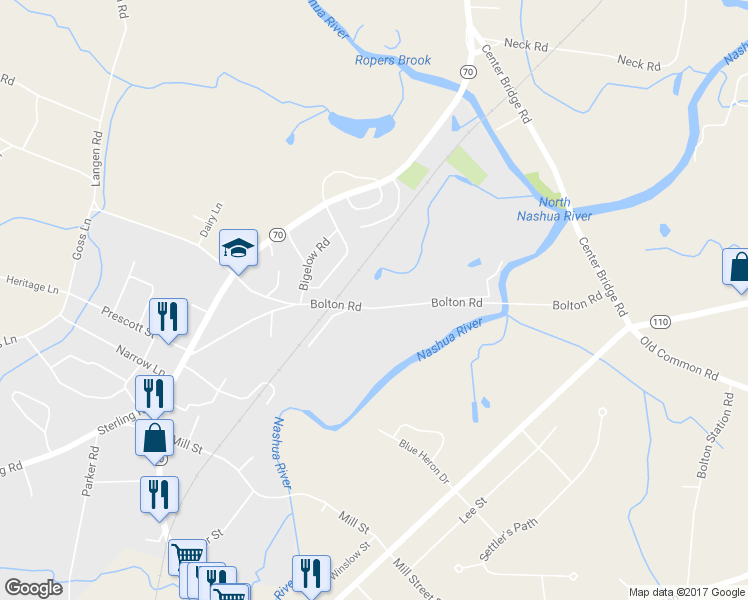 map of restaurants, bars, coffee shops, grocery stores, and more near 230 Bolton Road in Lancaster