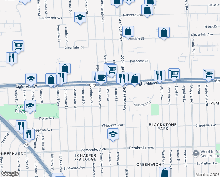 map of restaurants, bars, coffee shops, grocery stores, and more near 20475 Tracey Street in Detroit