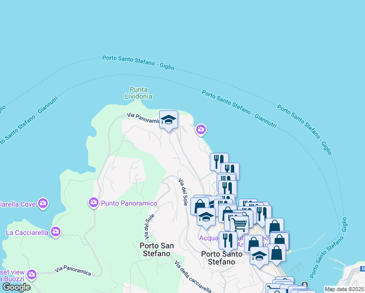 map of restaurants, bars, coffee shops, grocery stores, and more near 301 Via Panoramica di Porto Santo Stefano in Porto Santo Stefano