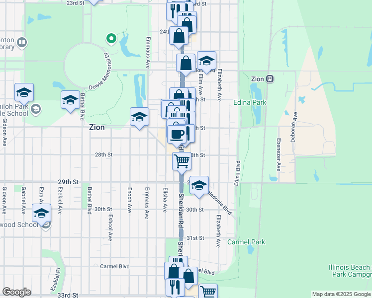 map of restaurants, bars, coffee shops, grocery stores, and more near 2803 Sheridan Road in Zion