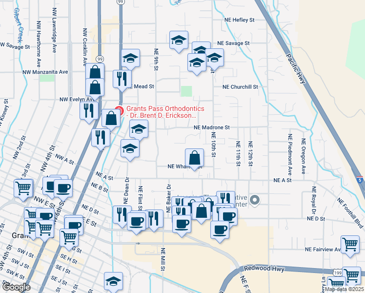 map of restaurants, bars, coffee shops, grocery stores, and more near 909 Northeast Madrone Street in Grants Pass