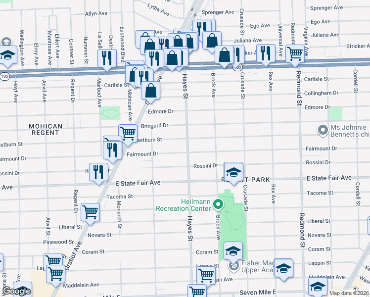 map of restaurants, bars, coffee shops, grocery stores, and more near 15025 Eastburn Street in Detroit