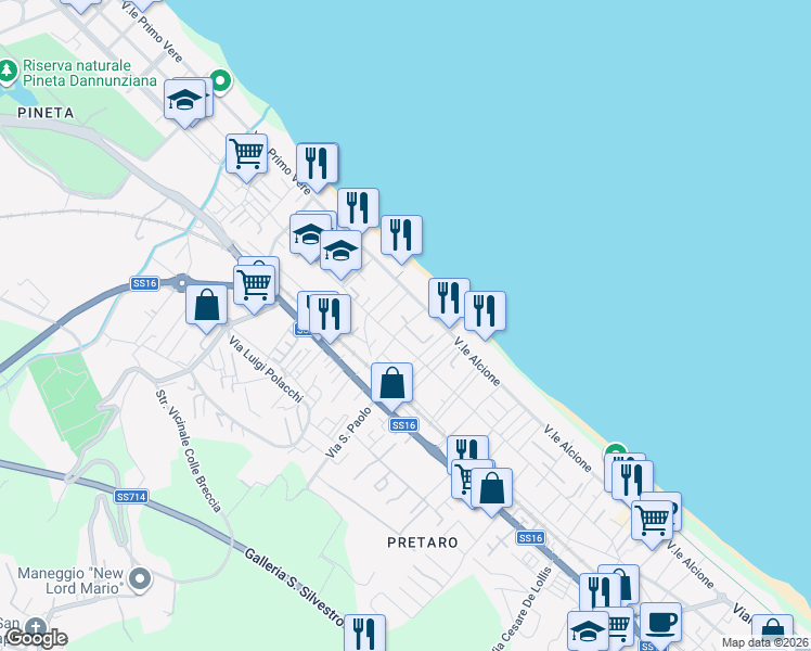 map of restaurants, bars, coffee shops, grocery stores, and more near 15016 Via Luigi Anelli in Pescara
