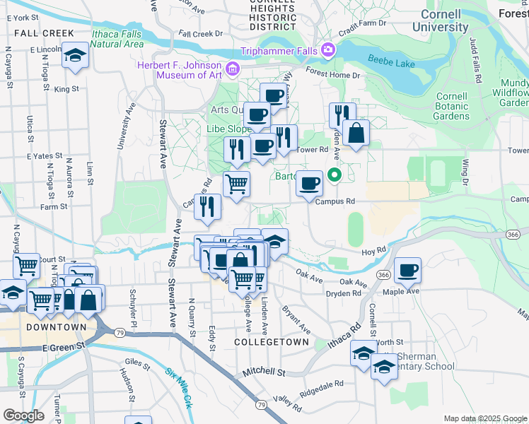 map of restaurants, bars, coffee shops, grocery stores, and more near 313 Campus Road in Ithaca