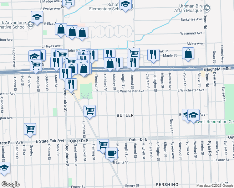 map of restaurants, bars, coffee shops, grocery stores, and more near 20420 Mackay Street in Detroit