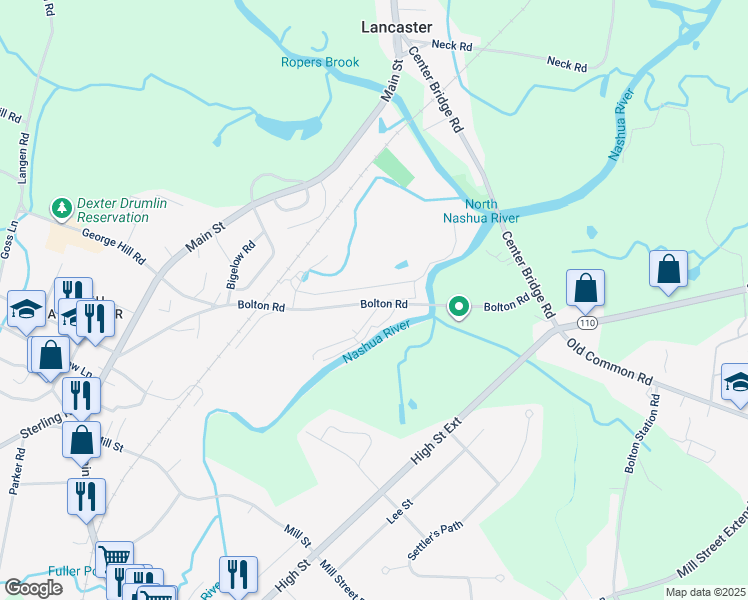 map of restaurants, bars, coffee shops, grocery stores, and more near 330 Bolton Station Road in Lancaster