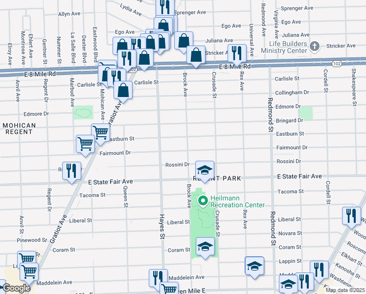 map of restaurants, bars, coffee shops, grocery stores, and more near 15293 Fairmount Drive in Detroit