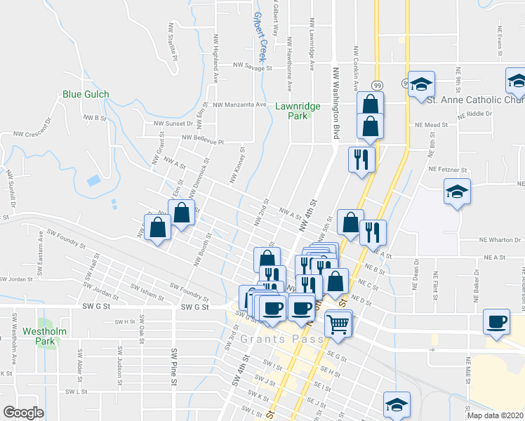 map of restaurants, bars, coffee shops, grocery stores, and more near 610 Northwest 2nd Street in Grants Pass