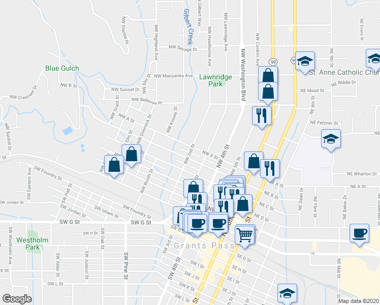 map of restaurants, bars, coffee shops, grocery stores, and more near Northwest 2nd Street in Grants Pass