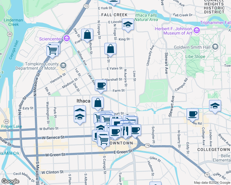 map of restaurants, bars, coffee shops, grocery stores, and more near 507 North Tioga Street in Ithaca