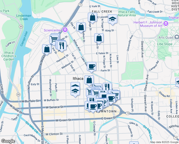 map of restaurants, bars, coffee shops, grocery stores, and more near 598 North Cayuga Street in Ithaca