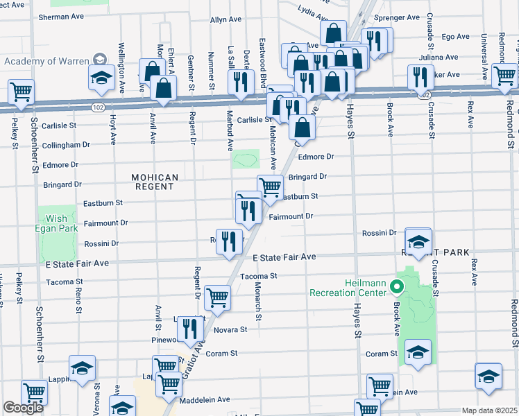 map of restaurants, bars, coffee shops, grocery stores, and more near 15133 Michigan 3 in Detroit