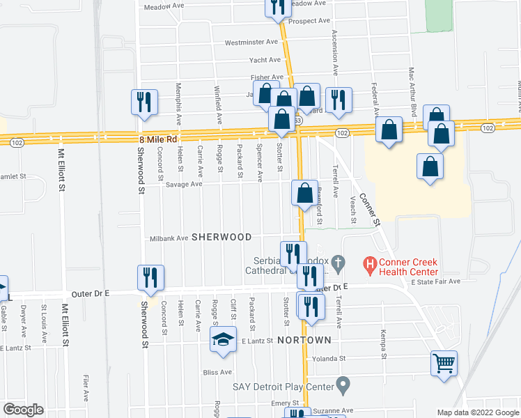 map of restaurants, bars, coffee shops, grocery stores, and more near 20236 Spencer Avenue in Detroit