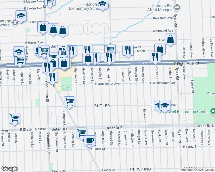 map of restaurants, bars, coffee shops, grocery stores, and more near 20421 Harned Street in Detroit