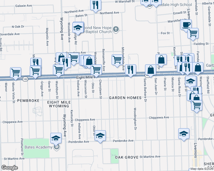 map of restaurants, bars, coffee shops, grocery stores, and more near in Detroit