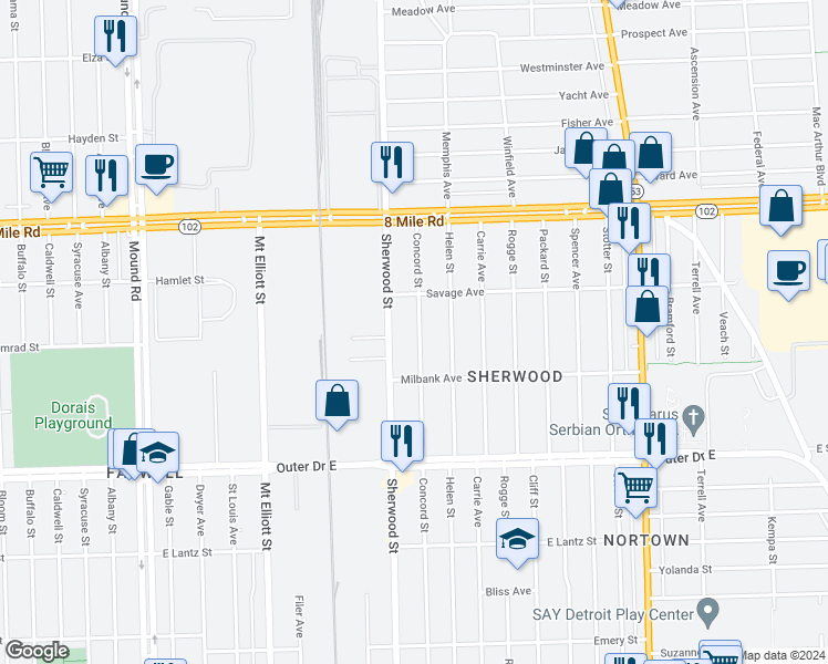 map of restaurants, bars, coffee shops, grocery stores, and more near 20193 Concord Street in Detroit