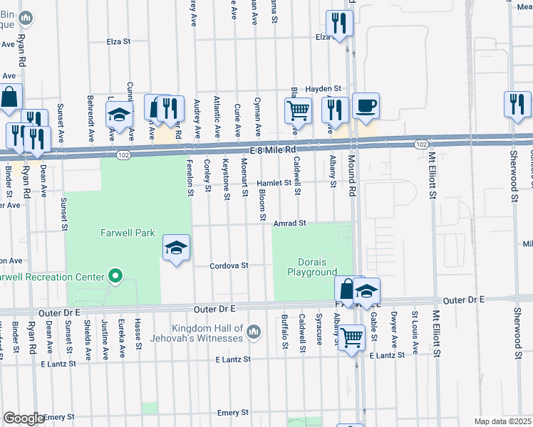 map of restaurants, bars, coffee shops, grocery stores, and more near 20226 Bloom Street in Detroit