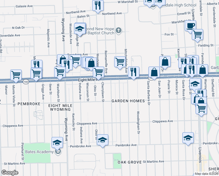 map of restaurants, bars, coffee shops, grocery stores, and more near in Detroit