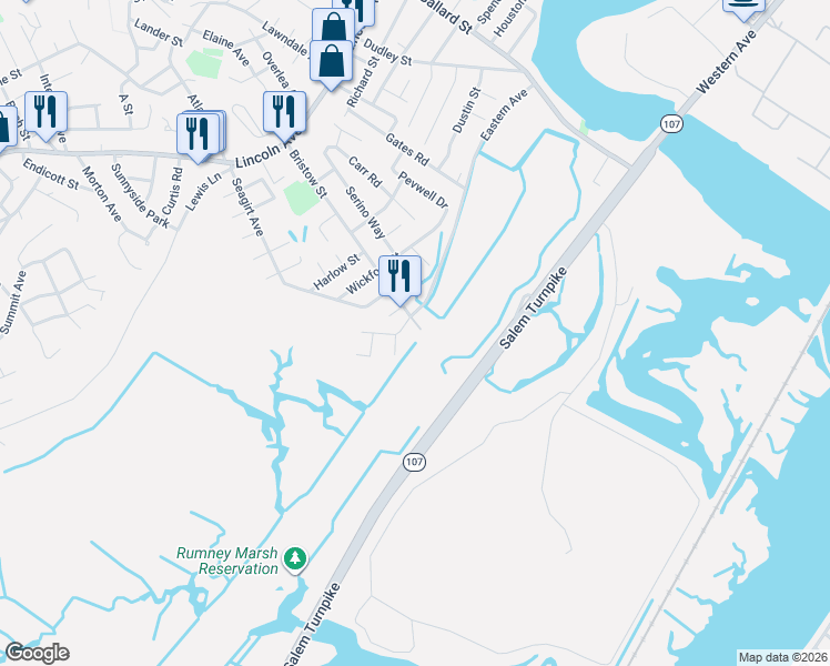 map of restaurants, bars, coffee shops, grocery stores, and more near 84 Bristow Street in Saugus