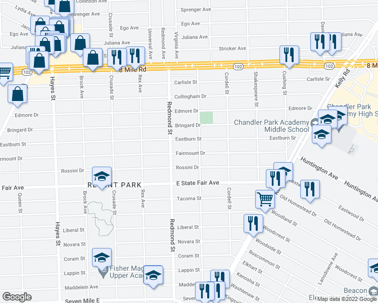 map of restaurants, bars, coffee shops, grocery stores, and more near 16077 Fairmount Dr in Detroit