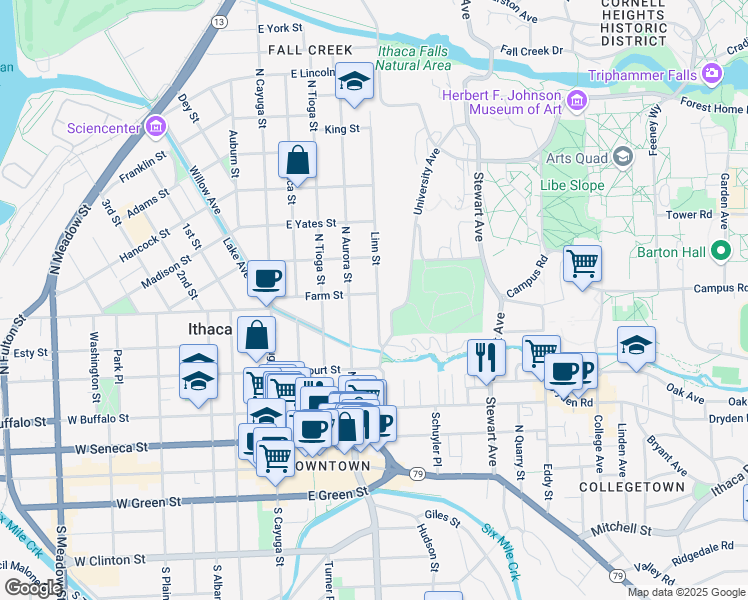 map of restaurants, bars, coffee shops, grocery stores, and more near 144 Linn Street in Ithaca