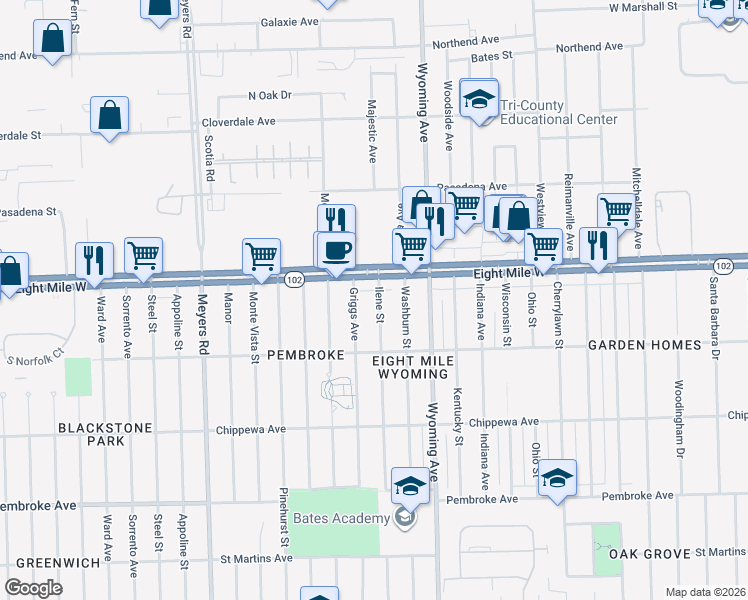 map of restaurants, bars, coffee shops, grocery stores, and more near 130 Eight Mile Road in Detroit