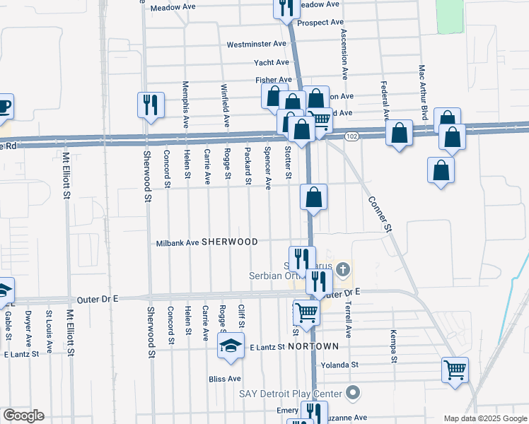 map of restaurants, bars, coffee shops, grocery stores, and more near 20185 Spencer Avenue in Detroit