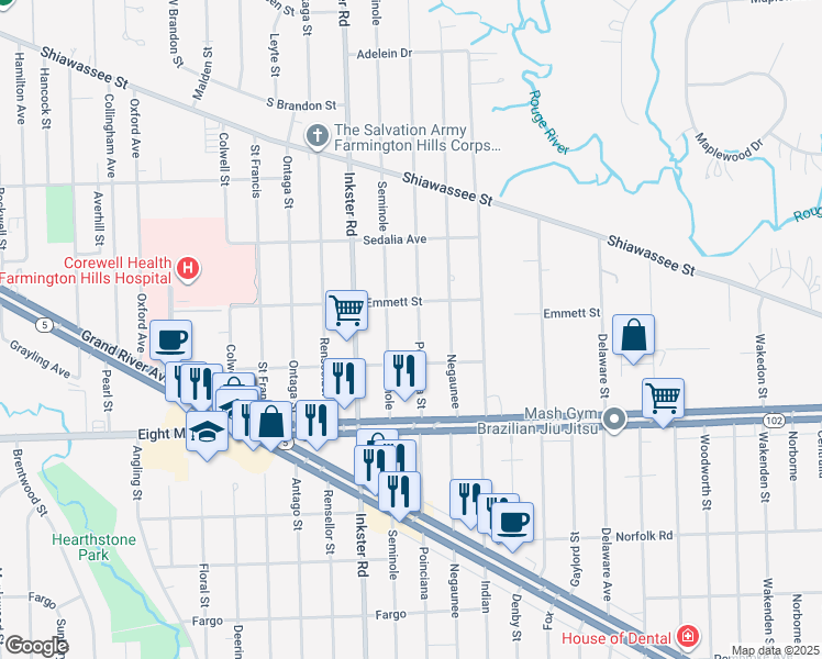map of restaurants, bars, coffee shops, grocery stores, and more near 21006 Poinciana Street in Southfield