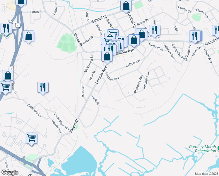map of restaurants, bars, coffee shops, grocery stores, and more near 23 Western Avenue in Saugus