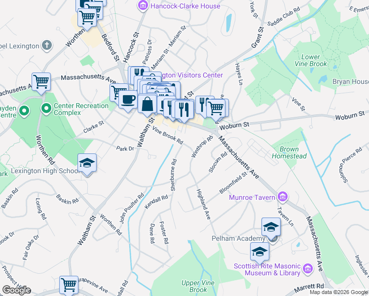 map of restaurants, bars, coffee shops, grocery stores, and more near 30 Vine Brook Road in Lexington