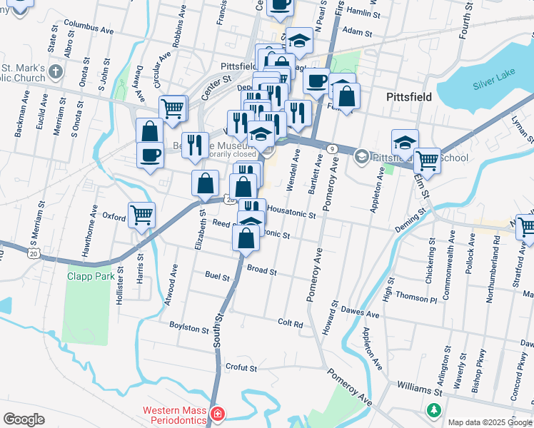 map of restaurants, bars, coffee shops, grocery stores, and more near 139 South Street in Pittsfield