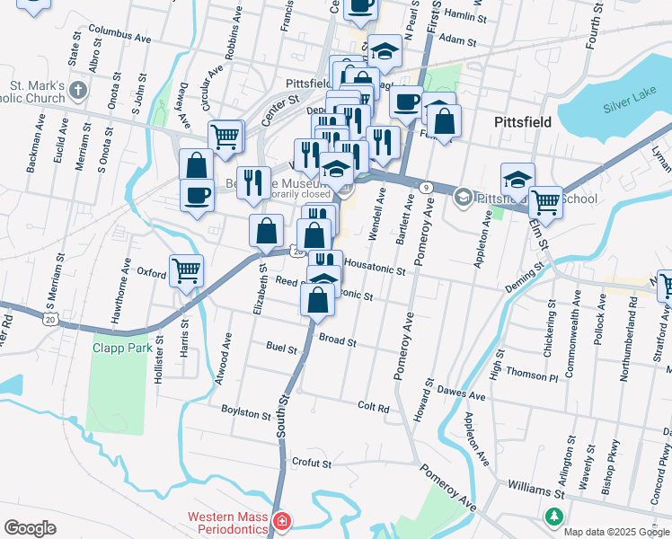 map of restaurants, bars, coffee shops, grocery stores, and more near 139 South Street in Pittsfield