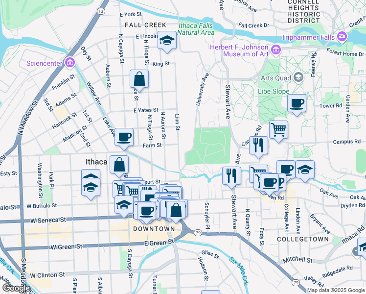 map of restaurants, bars, coffee shops, grocery stores, and more near 212 University Avenue in Ithaca