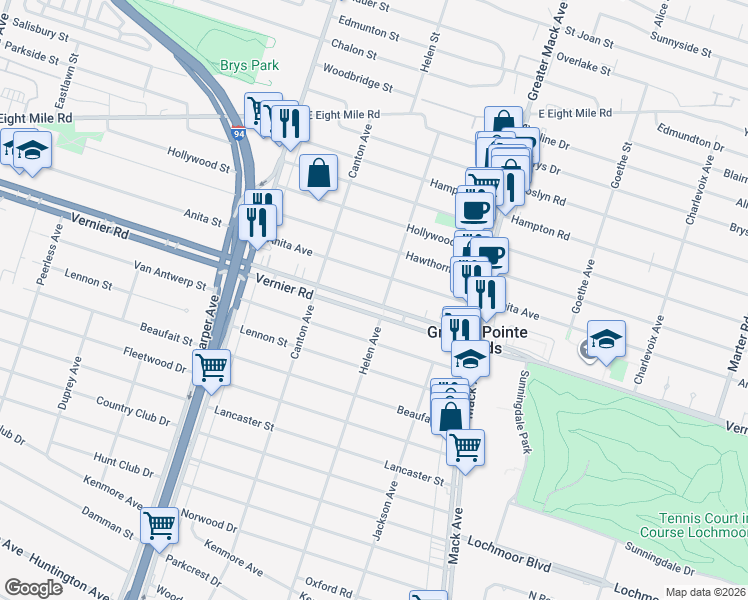 map of restaurants, bars, coffee shops, grocery stores, and more near 2127 Anita Avenue in Grosse Pointe Woods