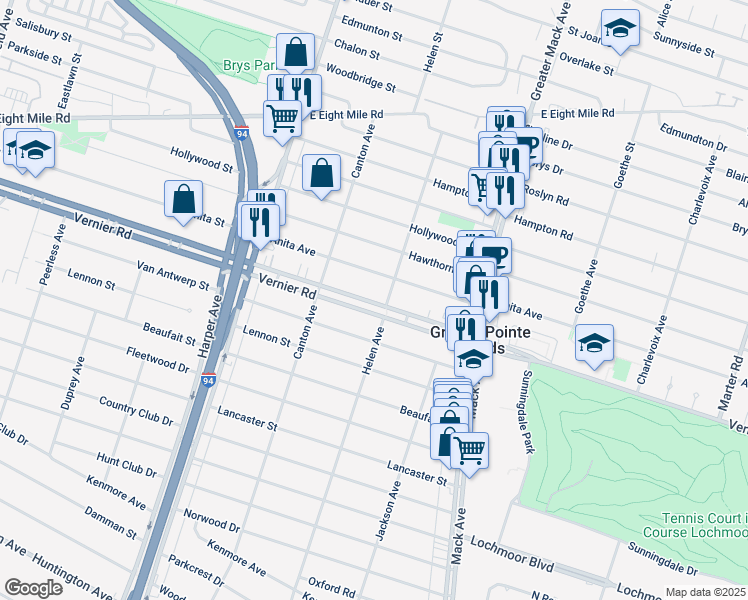 map of restaurants, bars, coffee shops, grocery stores, and more near 2127 Anita Avenue in Grosse Pointe Woods
