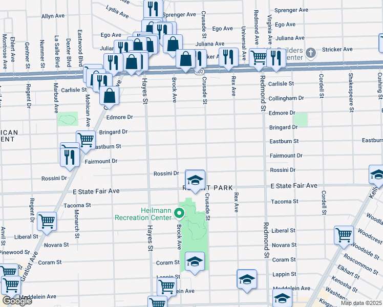 map of restaurants, bars, coffee shops, grocery stores, and more near 15467 Eastburn Street in Detroit