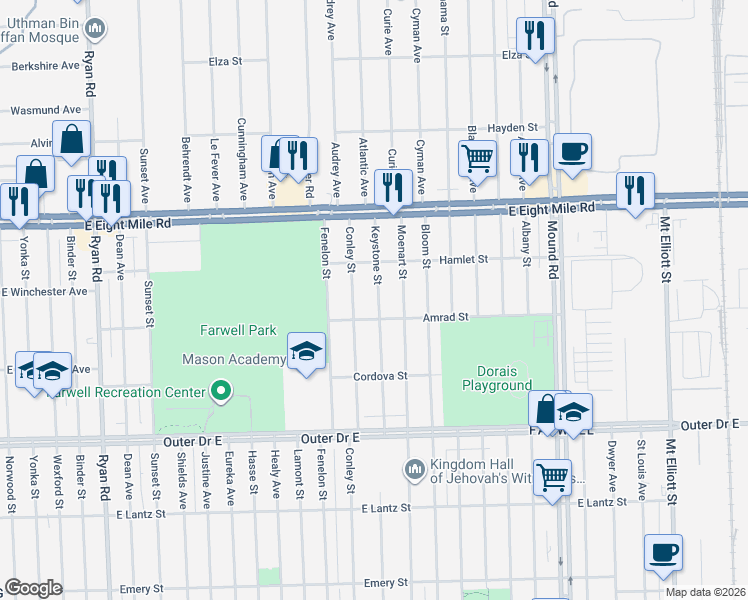 map of restaurants, bars, coffee shops, grocery stores, and more near 20283 Keystone Street in Detroit
