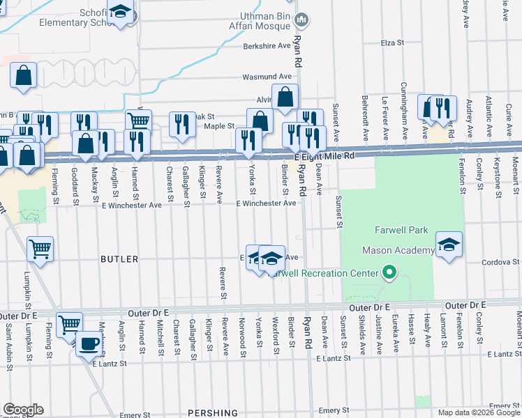 map of restaurants, bars, coffee shops, grocery stores, and more near 20419 Yonka Street in Detroit