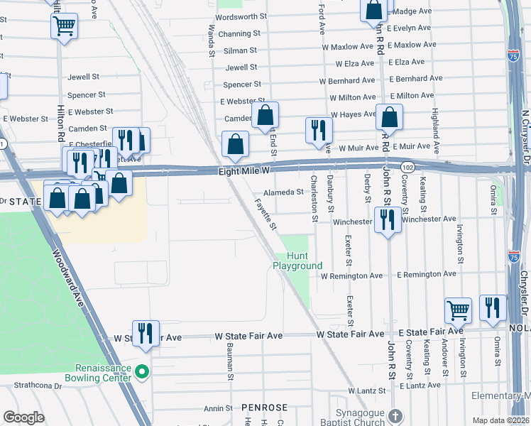map of restaurants, bars, coffee shops, grocery stores, and more near 20536 Fayette Street in Highland Park