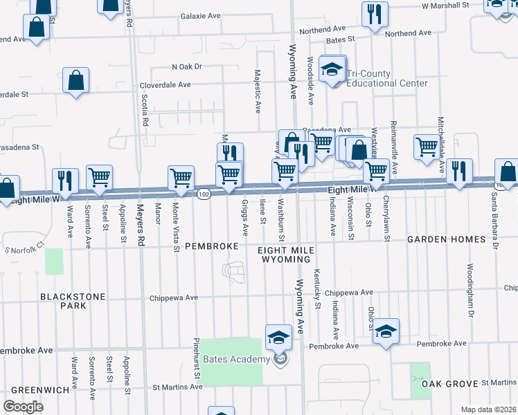 map of restaurants, bars, coffee shops, grocery stores, and more near 130 Eight Mile Road in Detroit