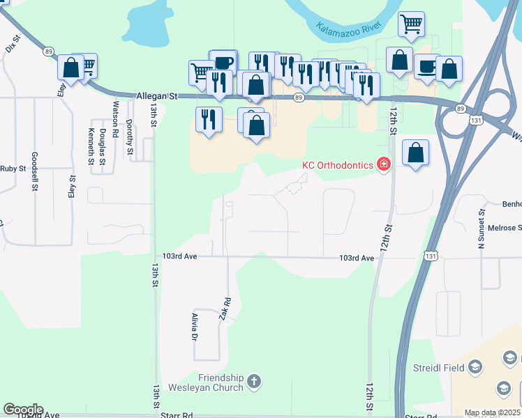 map of restaurants, bars, coffee shops, grocery stores, and more near 326 Cross Oaks Drive in Plainwell