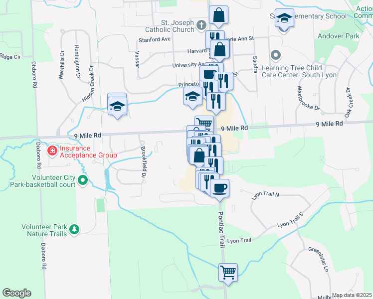map of restaurants, bars, coffee shops, grocery stores, and more near 22250 Swan Street in South Lyon