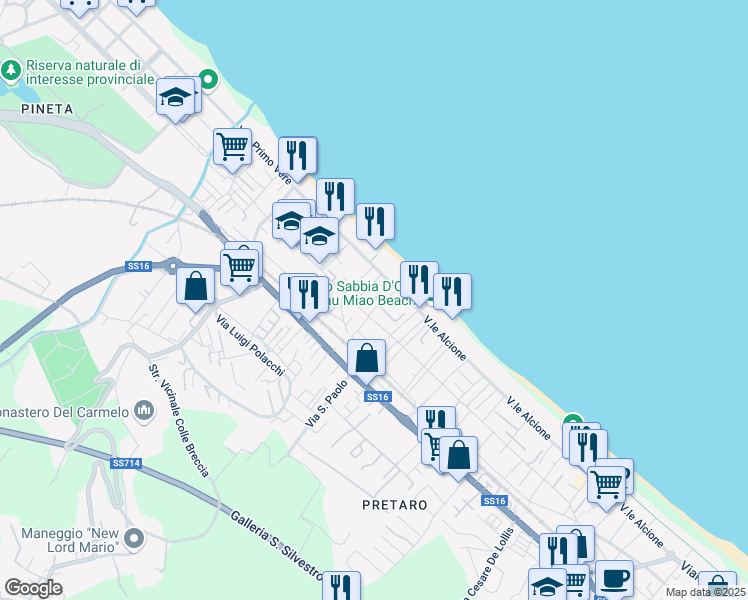 map of restaurants, bars, coffee shops, grocery stores, and more near 15016 Via Luigi Anelli in Pescara
