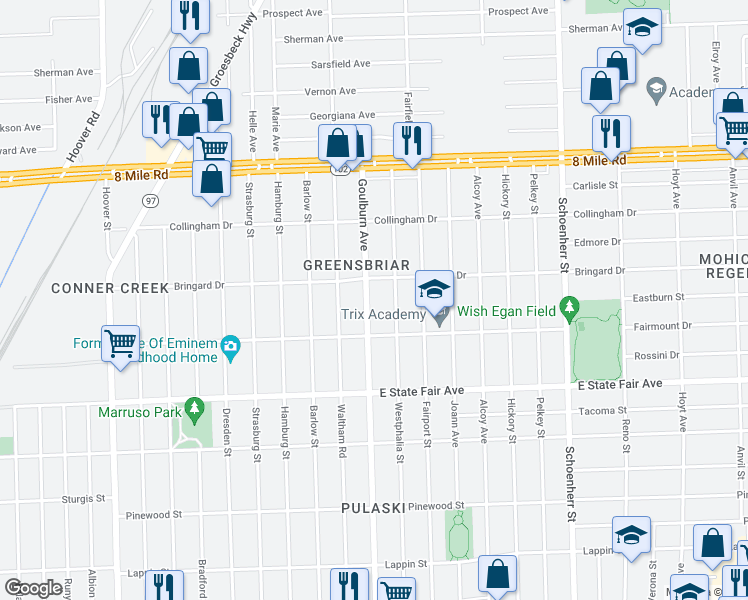 map of restaurants, bars, coffee shops, grocery stores, and more near 20074 Goulburn Avenue in Detroit