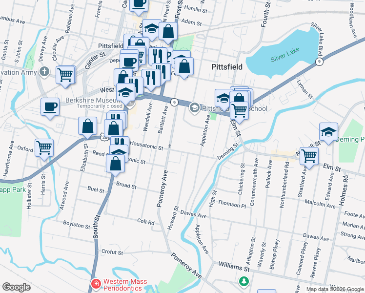 map of restaurants, bars, coffee shops, grocery stores, and more near 30 Weston Street in Pittsfield