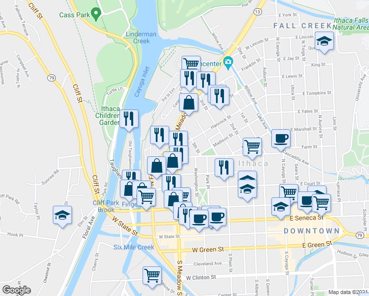 map of restaurants, bars, coffee shops, grocery stores, and more near 711 Hancock Street in Ithaca